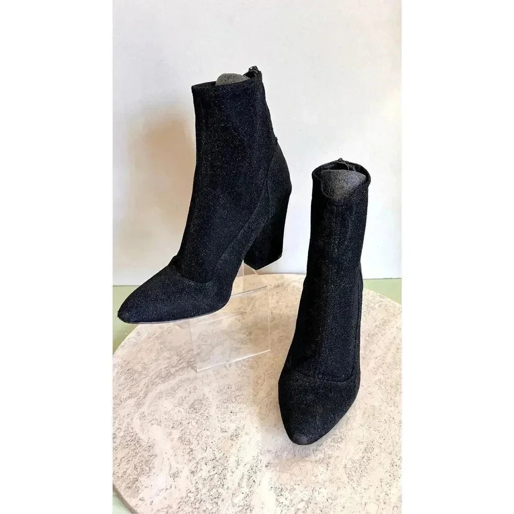 Nine West Women's Black Silver Glitter Pointed Toe Block Heel Ankle Boot Size 10